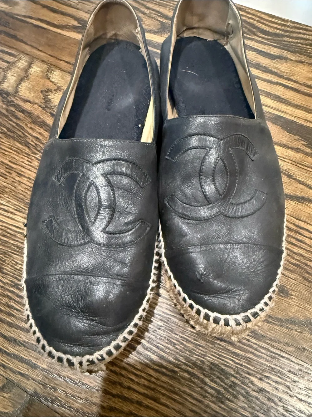 CHANEL Black Leather Espadrilles with Interlocking CC